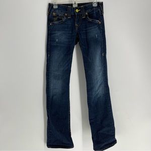 True Religion Women’s Jeans Dark Wash Blue Flare Size 27 Distressed Denim Pants